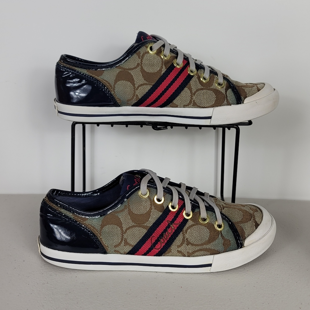 Coach Women's Folly Signature Stripe Sneakers Tennis Shoes Size 5.5B Beige - Picture 2 of 10
